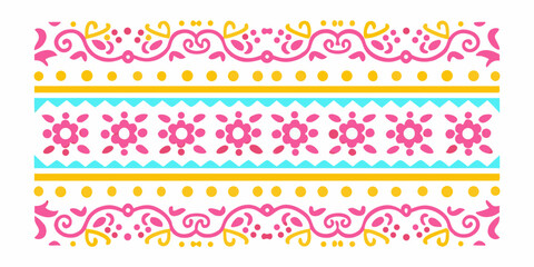 Decorative horizontal border with pink yellow and turquoise floral and geometric patterns