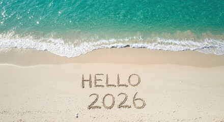 Inspirational Beach Scene with "Hello 2026" Text Written in Sand on Shoreline Under Bright Blue Sky