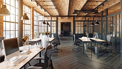 Modern industrial loft office interior with brick walls and wooden desks. Empty contemporary workspace design. 3D rendering.