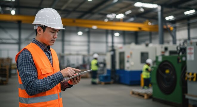 Warehouse Worker Using Tablet for Inventory Management in Manufacturing Facility with Safety Gear