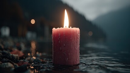 Pink candle on water-streaked rocks by a lake