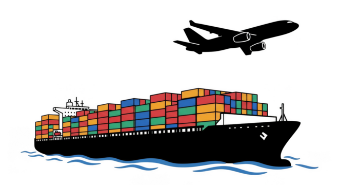 Cargo ship with containers below plane - Powered by Adobe