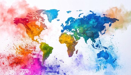 Naklejka premium Multicolor powder burst forming a world map, symbolizing global unity and cultural diversity