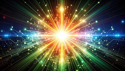 Obraz premium Dynamic color explosion blending into digital circuit lines, symbol of technology and innovation