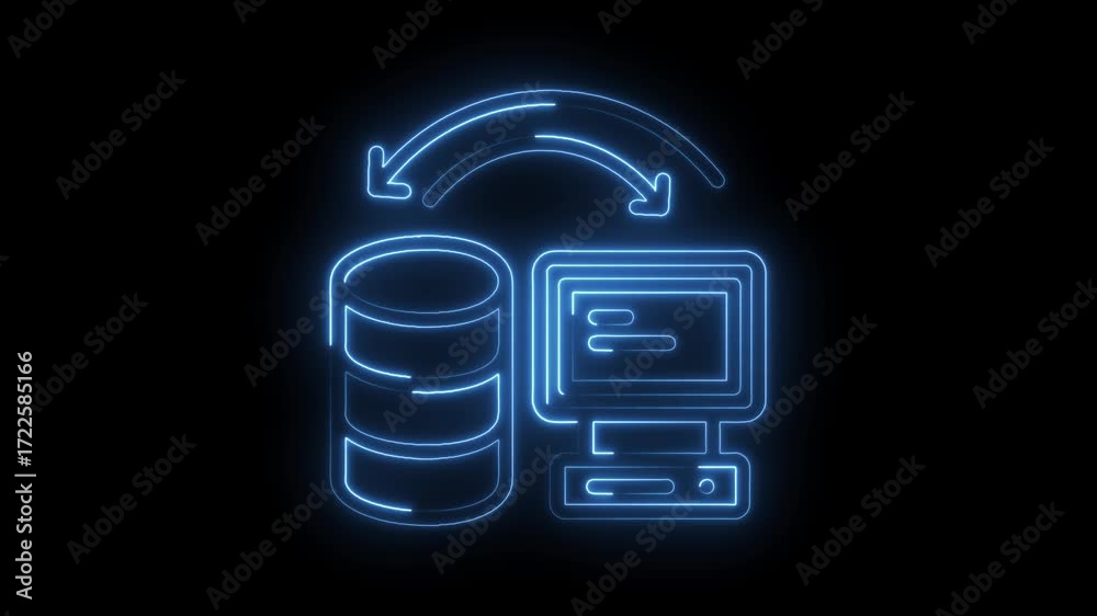Wall mural neon database server connection with arrow animation showing data transfer on black background