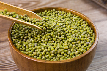 Green Mung Beans in Wooden Bowl Grains