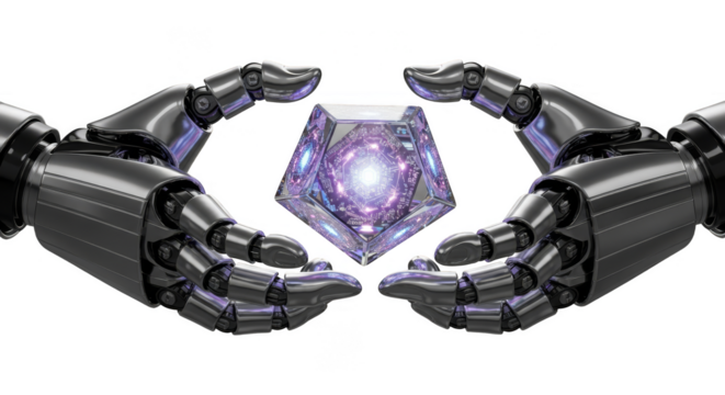 Chrome robot hands cradle futuristic crystal core