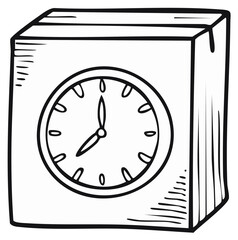 Obraz premium Hand-drawn illustration of an alarm clock displaying eight o'clock on square body, line art design.