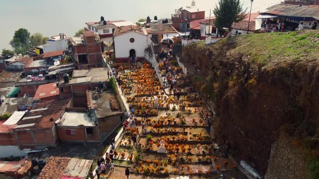 Day of the Dead drone view at Janitzio cemetery, Michoacan