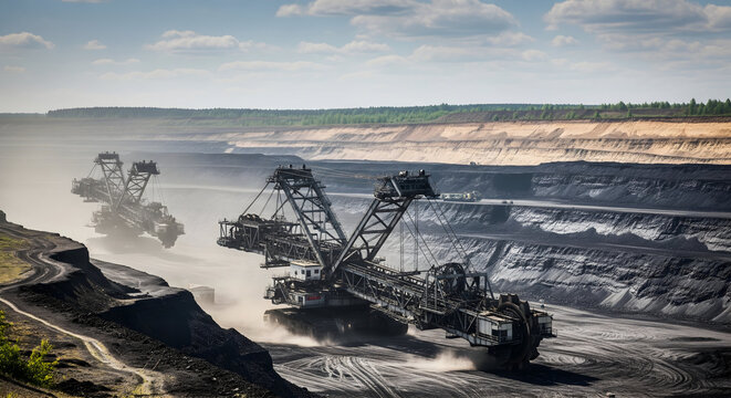 Massive bucket wheel excavator mining coal in open pit mine