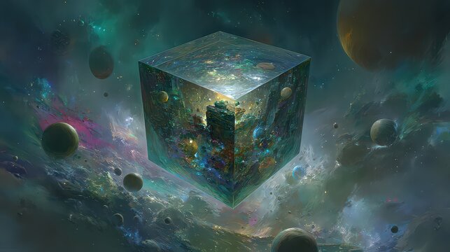 Cosmic Cube Floating In Nebula
