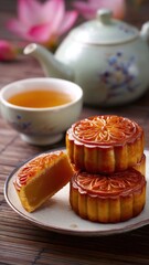 美しい模様の月餅と温かいお茶の組み合わせ。伝統的な中秋節やお茶請けのイメージ素材。