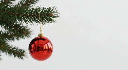 Red Christmas Ornament Hanging from Evergreen Branch with Soft White Background for Holiday Decoration Inspiration