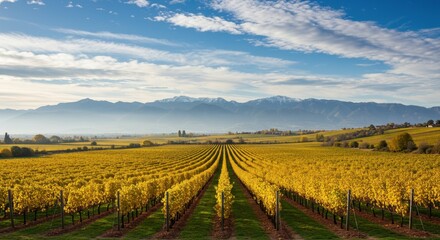 Fototapeta premium Serene Vineyard Landscape with Rows of Yellow Vines Against Majestic Snow-Capped Mountains and Clear Blue Sky