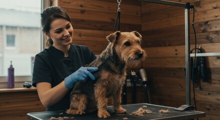 Professional dog grooming session in cozy salon with groomer and client dog enjoying a pampering experience