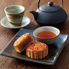 伝統的な月餅とお茶の和のひととき。和菓子や中秋節の紹介に最適な和風スイーツのイメージ。