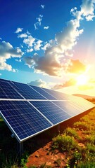 Solar panels in a field bathed in golden sunlight under a blue sky with fluffy clouds. A rural setting with a sense of clean energy