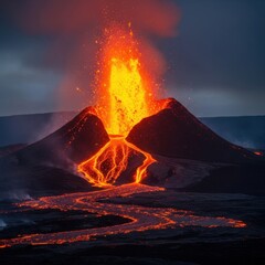 Fiery Volcano Erupts Glowing Lava Flows Under Dark Sky