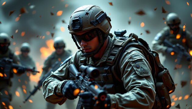 A squad of soldiers in combat gear, ready for action against a backdrop that suggests a war zone with explosions and debris.