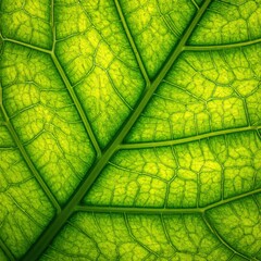 Translucent, vivid-green leaf revealing intricate vein network. Chlorophyll glows; a close-up showcasing cellular structure