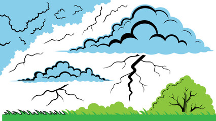 Fantasy Stormy Landscape – Stylized Cartoon Illustration with Lightning and Meadow