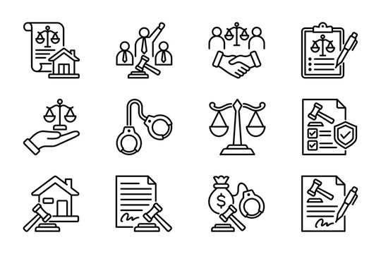 Law icons set on white background. Symbol of law, bail, dispute, legal document, and justice. Set vector of law icons line editable stroke