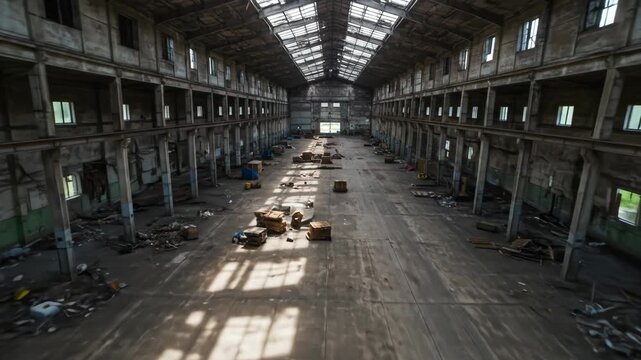 Spooky abandoned warehouse with sunlight streaming through the roof, eerie mood.