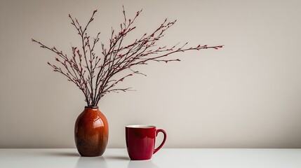Rustic vase with red berries, beside red mug