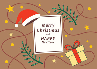 Whimsical Christmas Card with Santa Hat, Gift, and Festive Elements holiday greeting