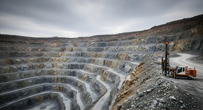 Vast open-pit mine with drilling machine and winding roads under cloudy sky