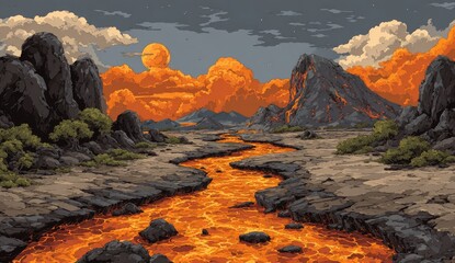 Pixel art landscape, lava river, sunset