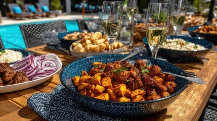 Obraz premium Outdoor dining table laden with diverse dishes