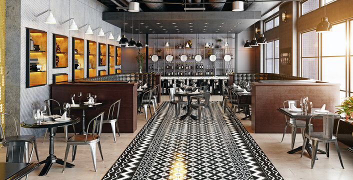 Modern industrial style restaurant and bar interior. Empty dining room with chic furniture and set tables. Hospitality architecture concept as a 3D rendering.