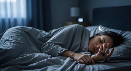 Futuristic smart ring displays health data while user sleeps peacefully in a modern bedroom