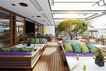 3D rendering of a modern restaurant terrace with colorful furniture. Outdoor lounge at a luxury tropical resort. Hospitality and architectural visualization.