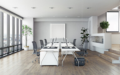 Modern office interior with empty desks and computers. Bright corporate workplace with a city view. 3D rendering of a co-working space.