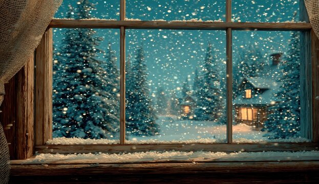 Fototapeta Snowy winter night scene viewed through a window