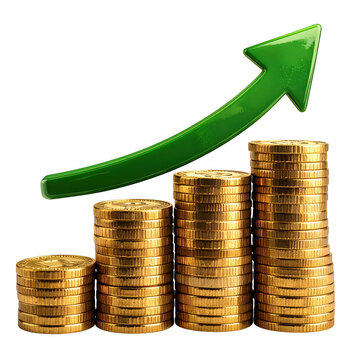  Increasing stacks of golden coins with a smooth upward green arrow, representing financial success and growth with an environmentally positive connotation, isolated on a transparent background.