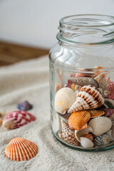 Glass jar filled with assorted seashells and pebbles