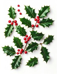 Holiday composition featuring verdant holly branches adorned with vibrant red berries, arranged against a clean, white backdrop
