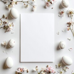 Blank paper sheet surrounded by easter eggs and delicate blossoms against a clean white backdrop. Ideal for seasonal or greeting card designs