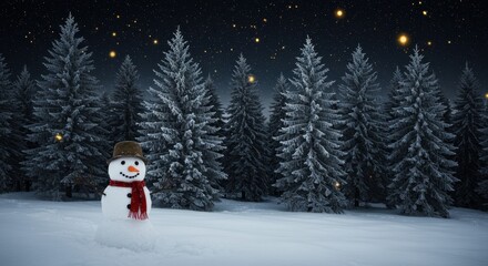 Snowman in Winter Landscape Surrounded by Pine Trees Under a Starry Night Sky