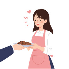 A girl in a pink apron, offering a plate of chocolate chip cookies to someone off-screen