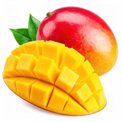 Ripe mangoes! One whole, brilliantly red/yellow, one cut open into cubes with lush green leaves, isolated against a clean white background