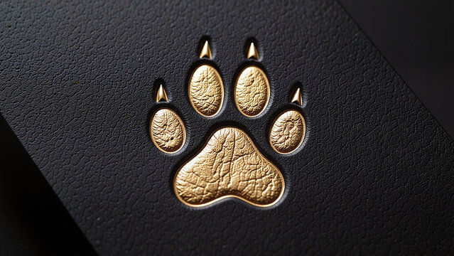 A golden embossed paw print on black paper, elegant and refined, perfect for luxury branding.