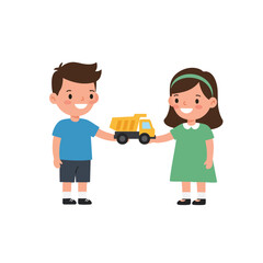 A boy in a blue t-shirt handing a yellow toy truck to a girl in a green dress, both are smiling.