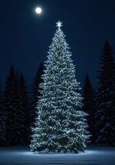 Sparkling Christmas Tree Illuminated by Moonlight in a Snowy Winter Landscape at Night
