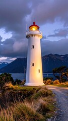 A luminous white lighthouse glows atop a hill at dusk, mountains and water in the background, with grassy foreground and cloudy sky above