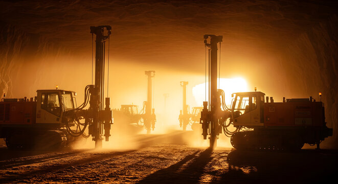 Powerful drilling rigs operate in a sunlit mine creating dynamic industrial scene