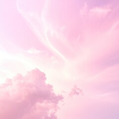 Dreamy pastel sky with soft clouds. Wisps of cirrus clouds dance above a fluffy, textured cloud. The sky fades from light to pink hues